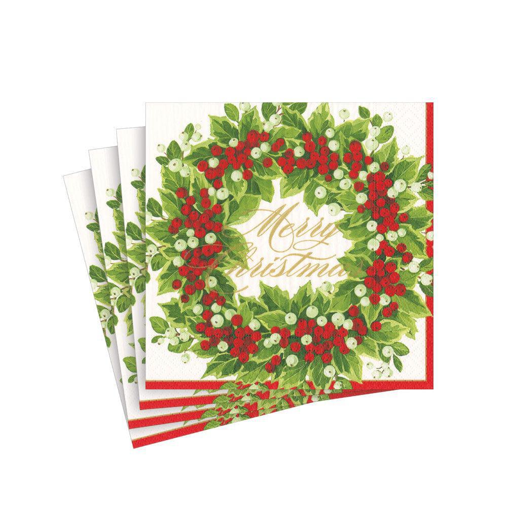 Holly and Berry Wreath Merry Christmas Paper Cocktail Napkins